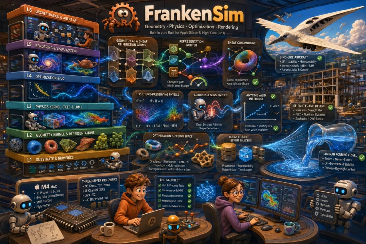 The FrankenSim continuum: geometry, physics, optimization, and rendering fused into one memory-safe Rust kernel.